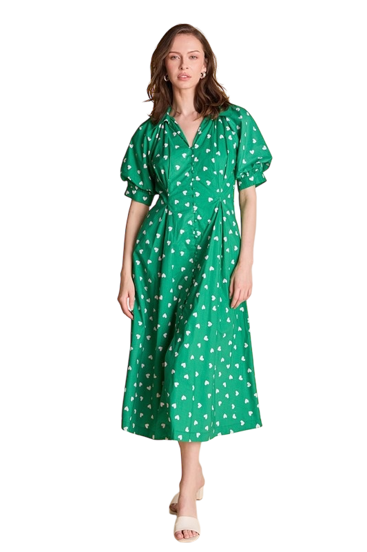 Heart Printed Midi Dress in Kelly