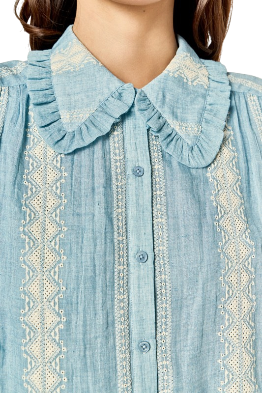 Embroidered Ruffle Collar Blouse