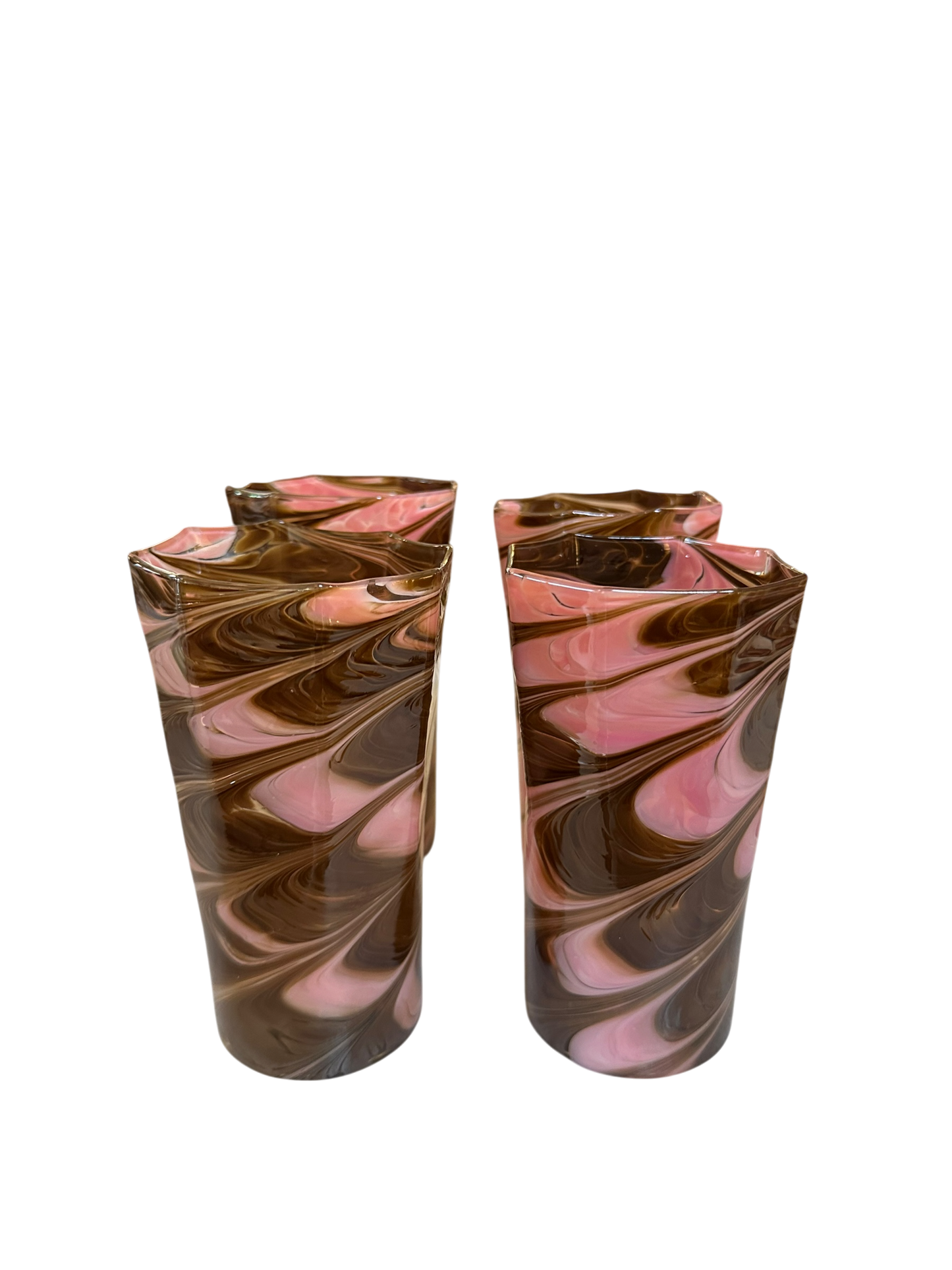 Set of 4 Tall Brown/Pink Marbled Octagonal Twist Glasses