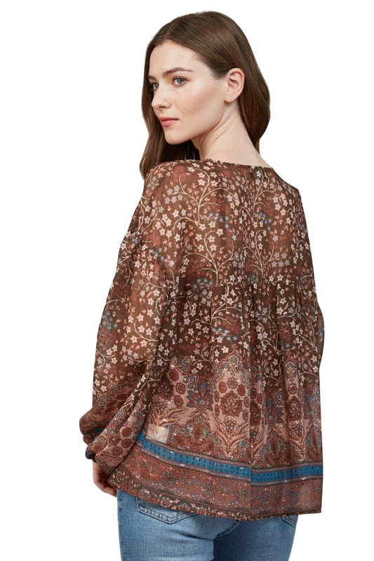 Border Print Split Neck Blouse