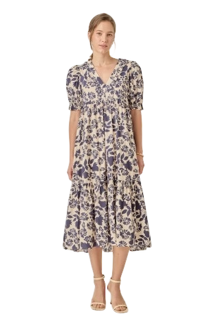Floral Tiered Midi in Navy & Cream
