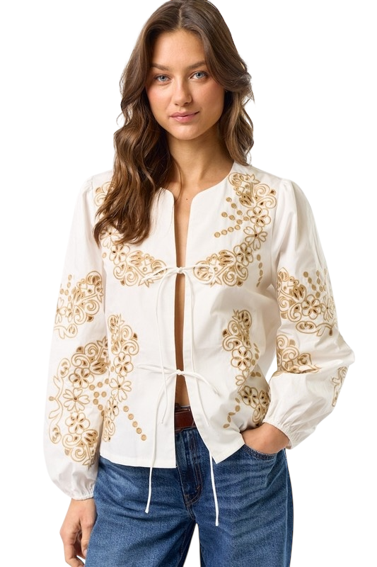 Floral Embroidered Front Tie Top