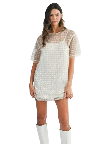 Sequin & Pearl Beaded Mesh Mini Dress