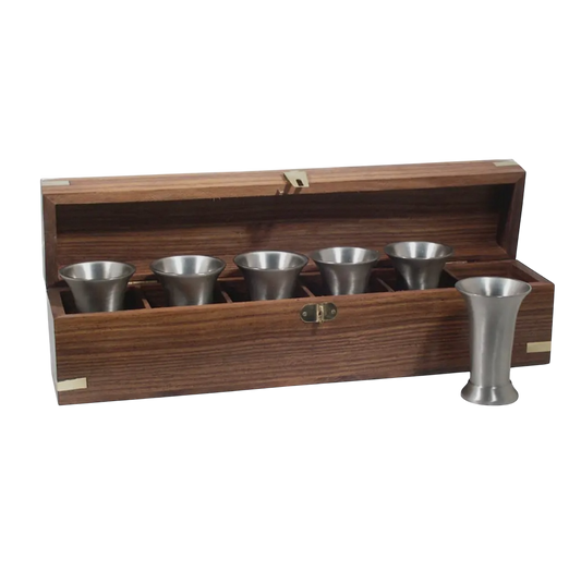 Set of 6 Pewter Beakers in Wooden Box