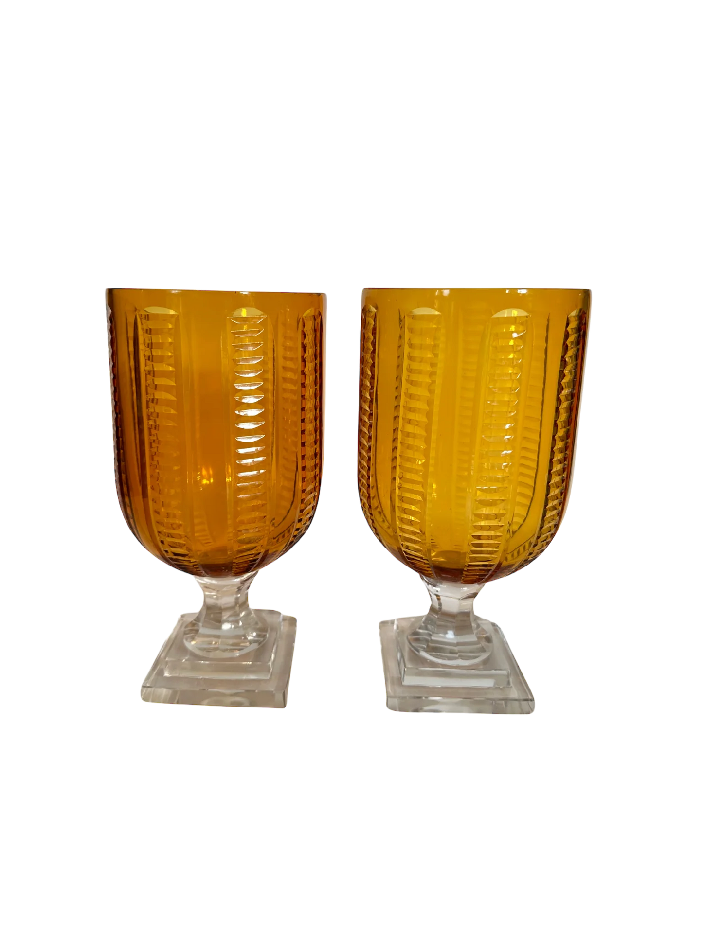 Pair of Etched Amber Glass Hurricanes