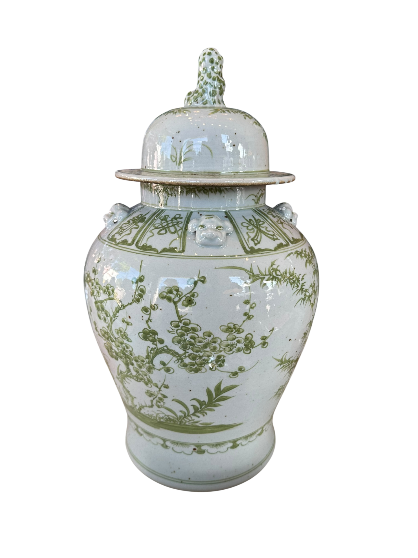 Green & White Ginger Jar w Foo Dog