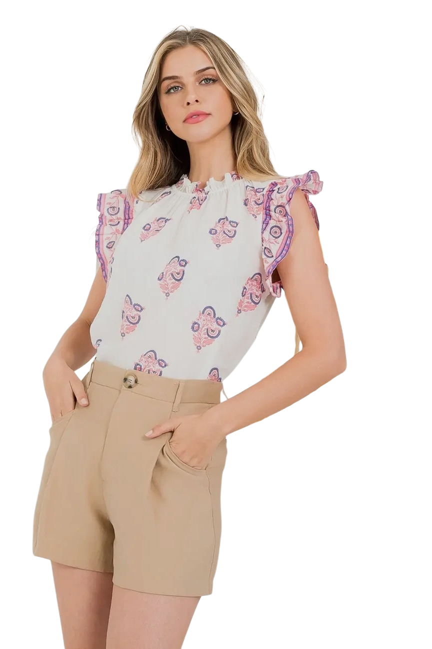 Flutter Sleeve Top in Lavender/Coral