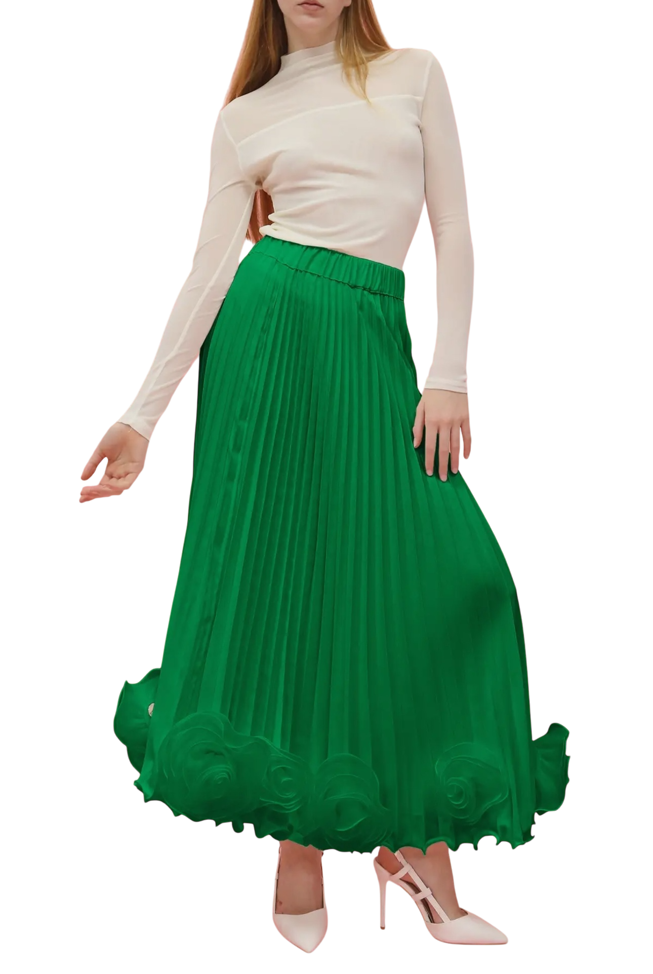 Green Pleated Midi Skirt