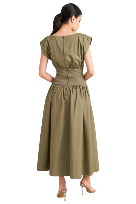 Elastic Waist Midi Dress - Olive