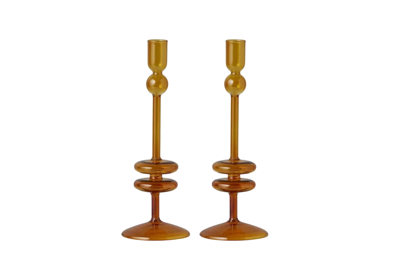 Amber Glass Candlestick Pair - Medium