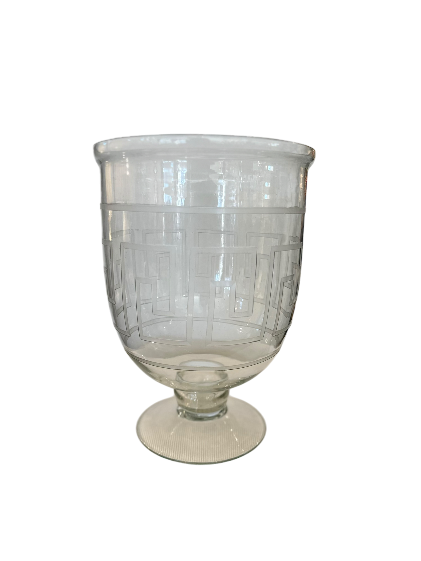 Greek Key Etched Glass Footed Vase