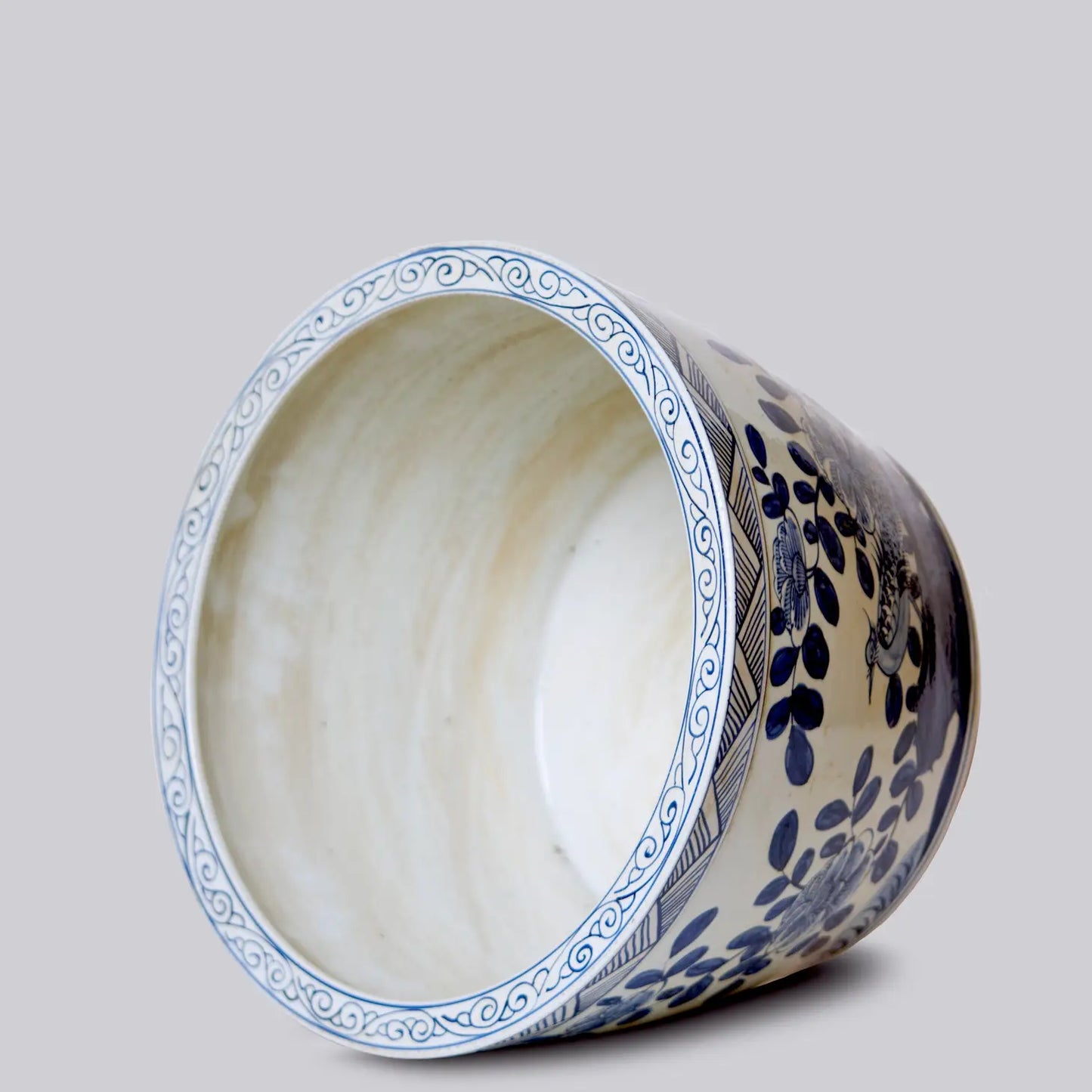 Large Bird and Flower Blue and White Porcelain Planter