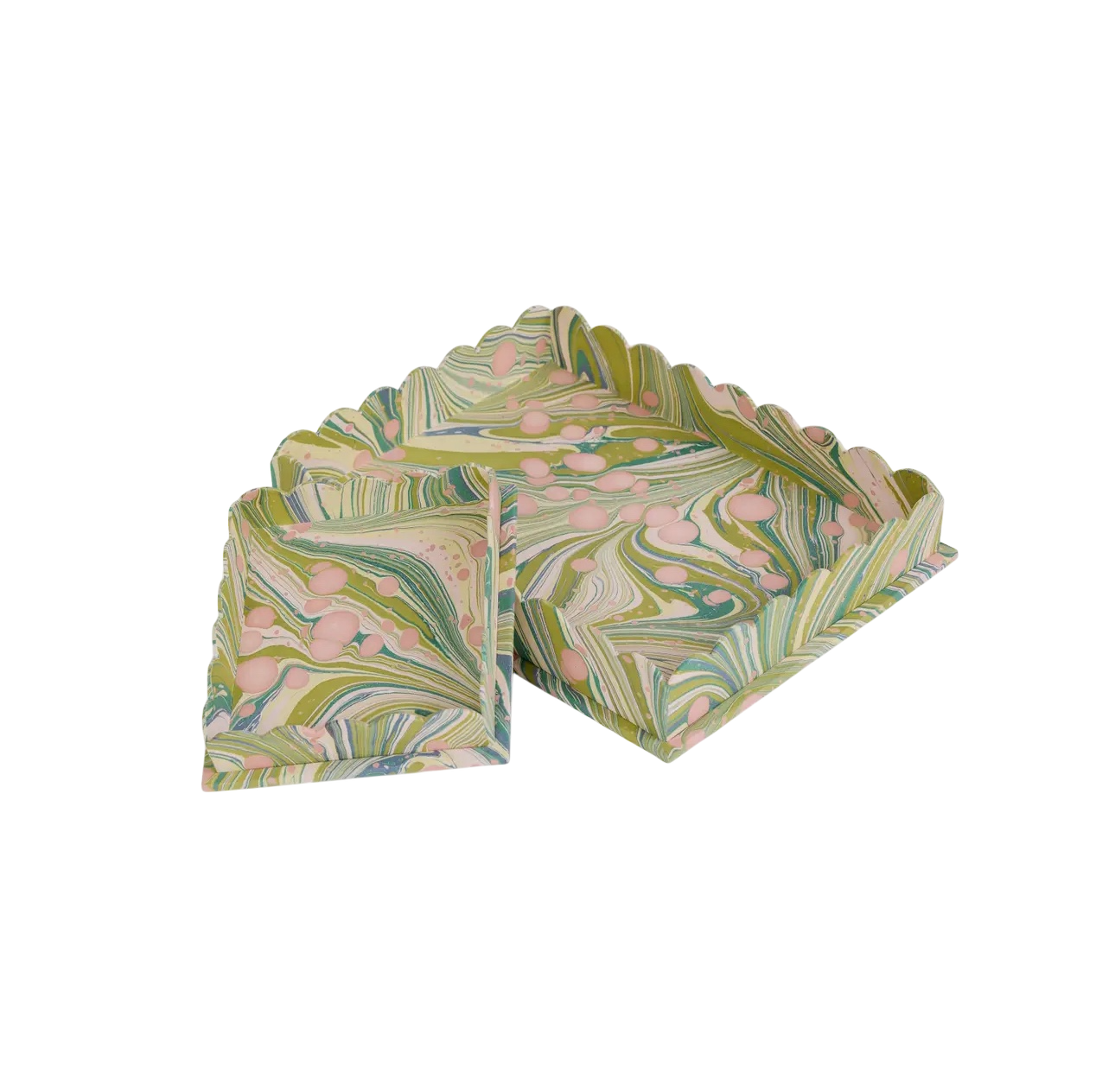 Marbled Scalloped Tray Set - Moss Whirl