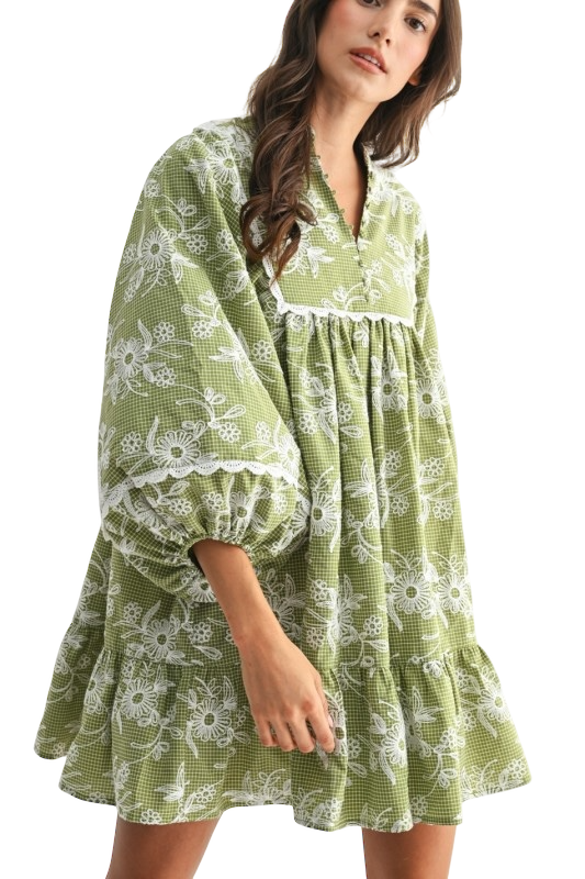 Embroidered Dress With Balloon Sleeves