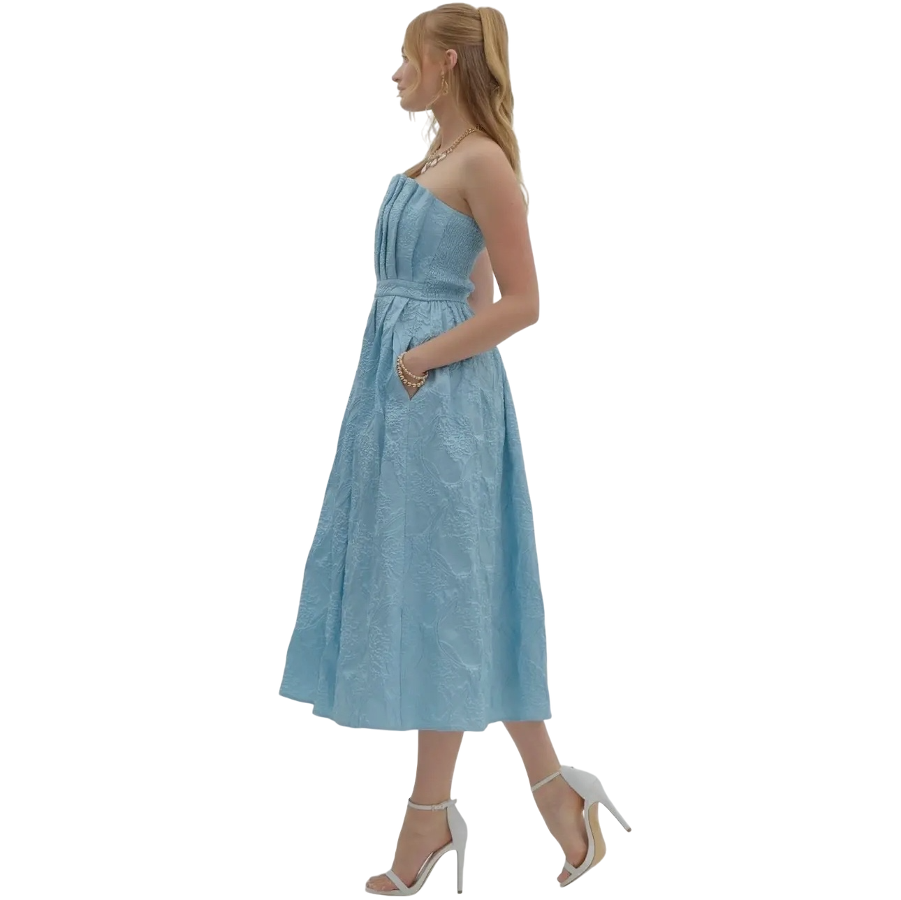 Pleated Strapless Midi in Cornflower