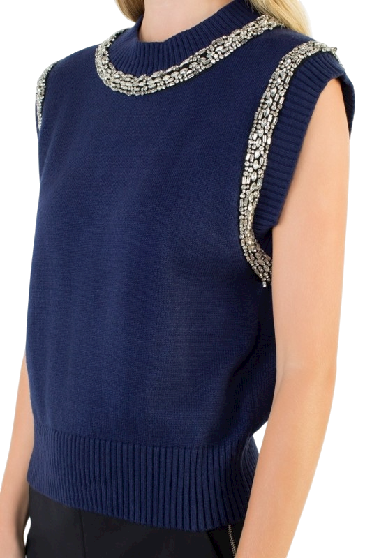 Embellished Mock Neck Knit Top - Navy