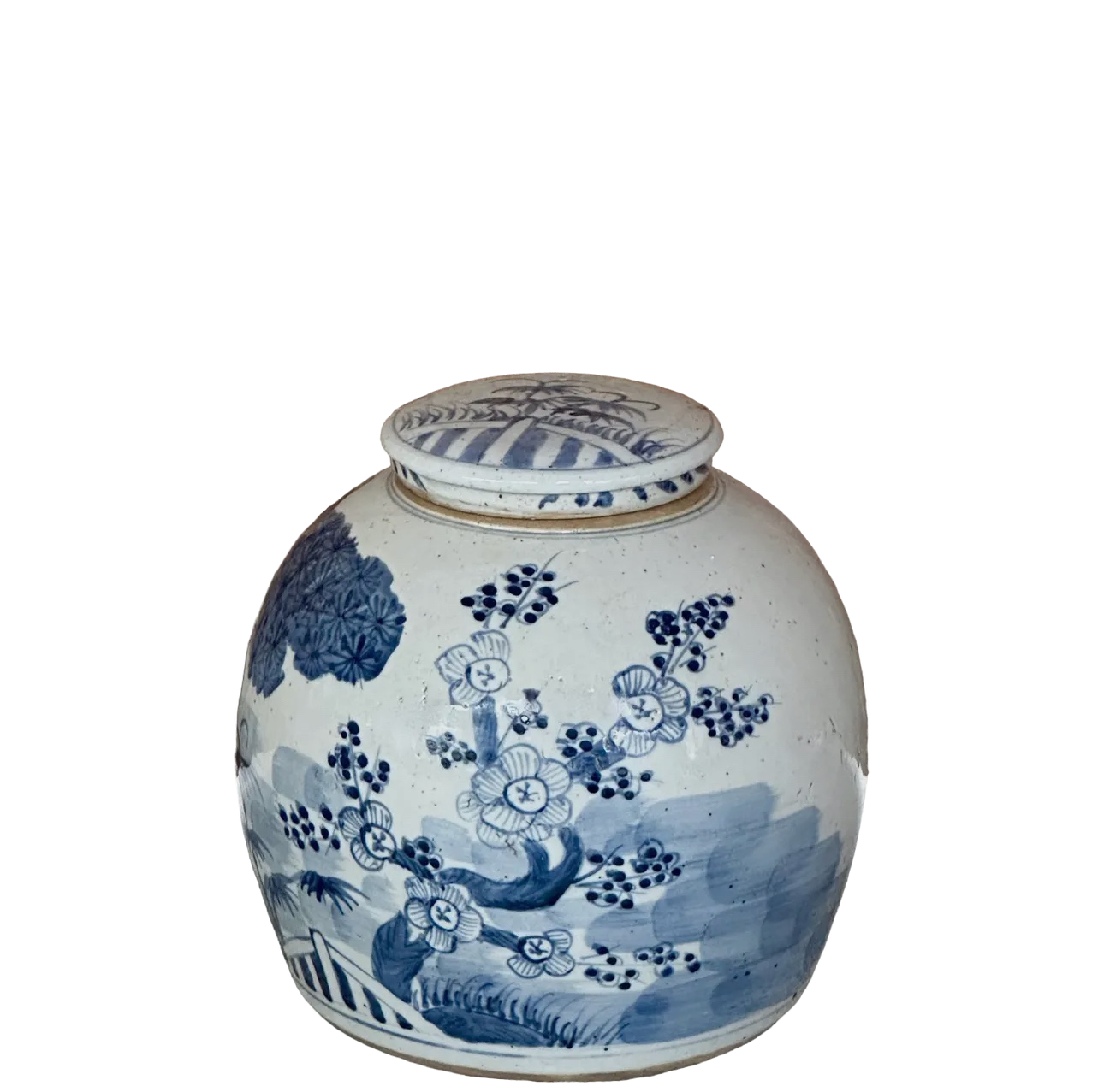 Blue & White Three Friends Large Round Storage Jar