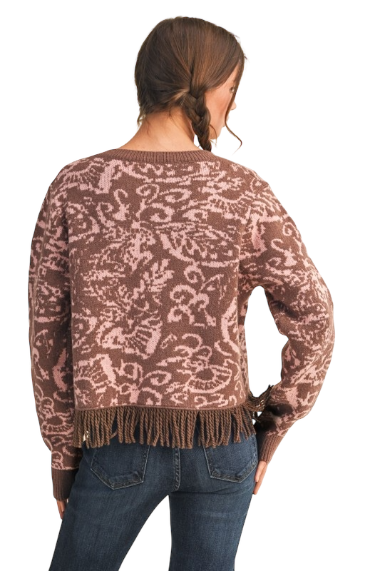 Floral Knit Fringed Cardigan - Mocha Pink