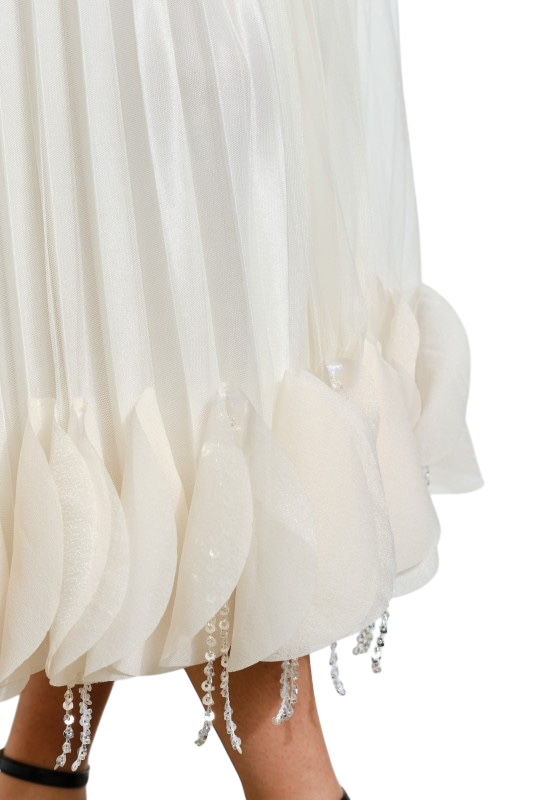 Ruffle Beaded Hem Midi Skirt - Cream