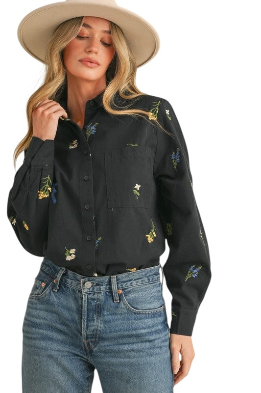 Floral Embroidered Button Down