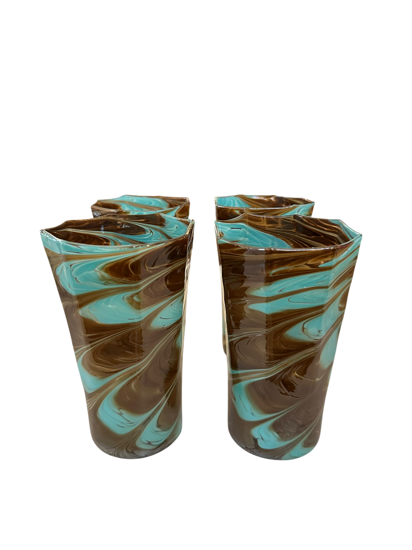 Set of 4 Tall Brown/Turquoise Marbled Octagonal Twist Glasses