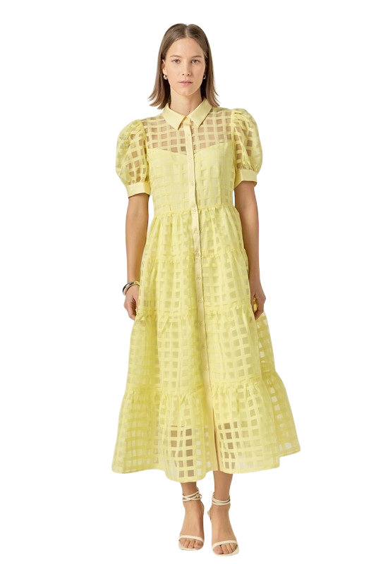 Gridded Organza Tiered Maxi - Yellow