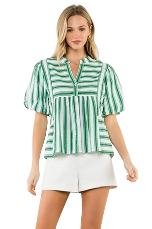 Green Stripes Puff Sleeve Top