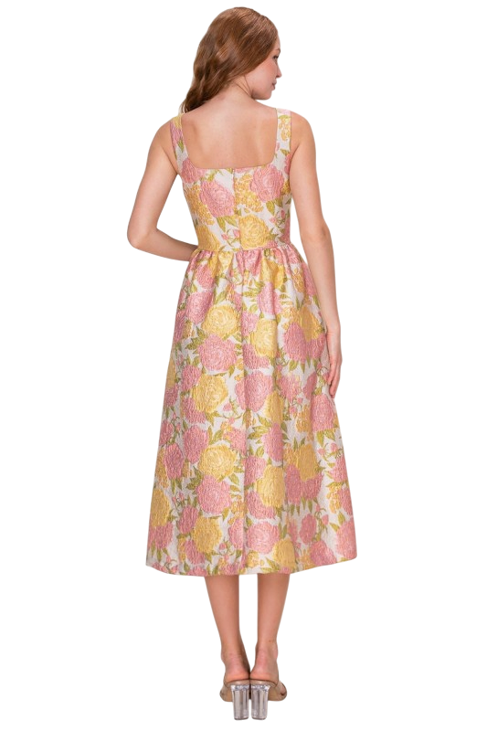 Yellow & Pink Rose Jacquard Midi