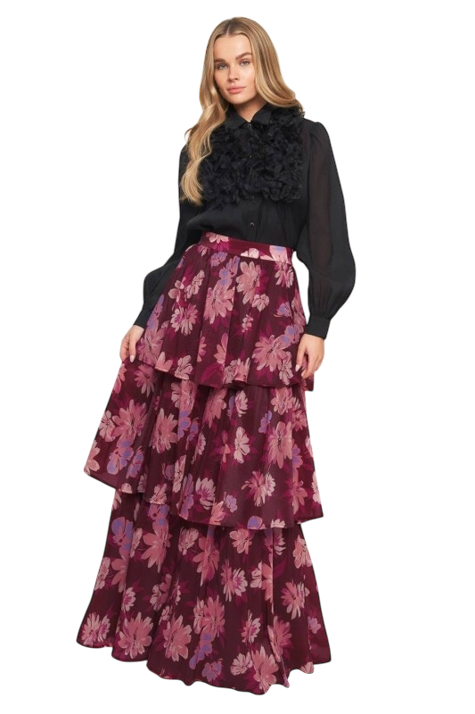 Burgundy Floral Tiered Maxi Skirt