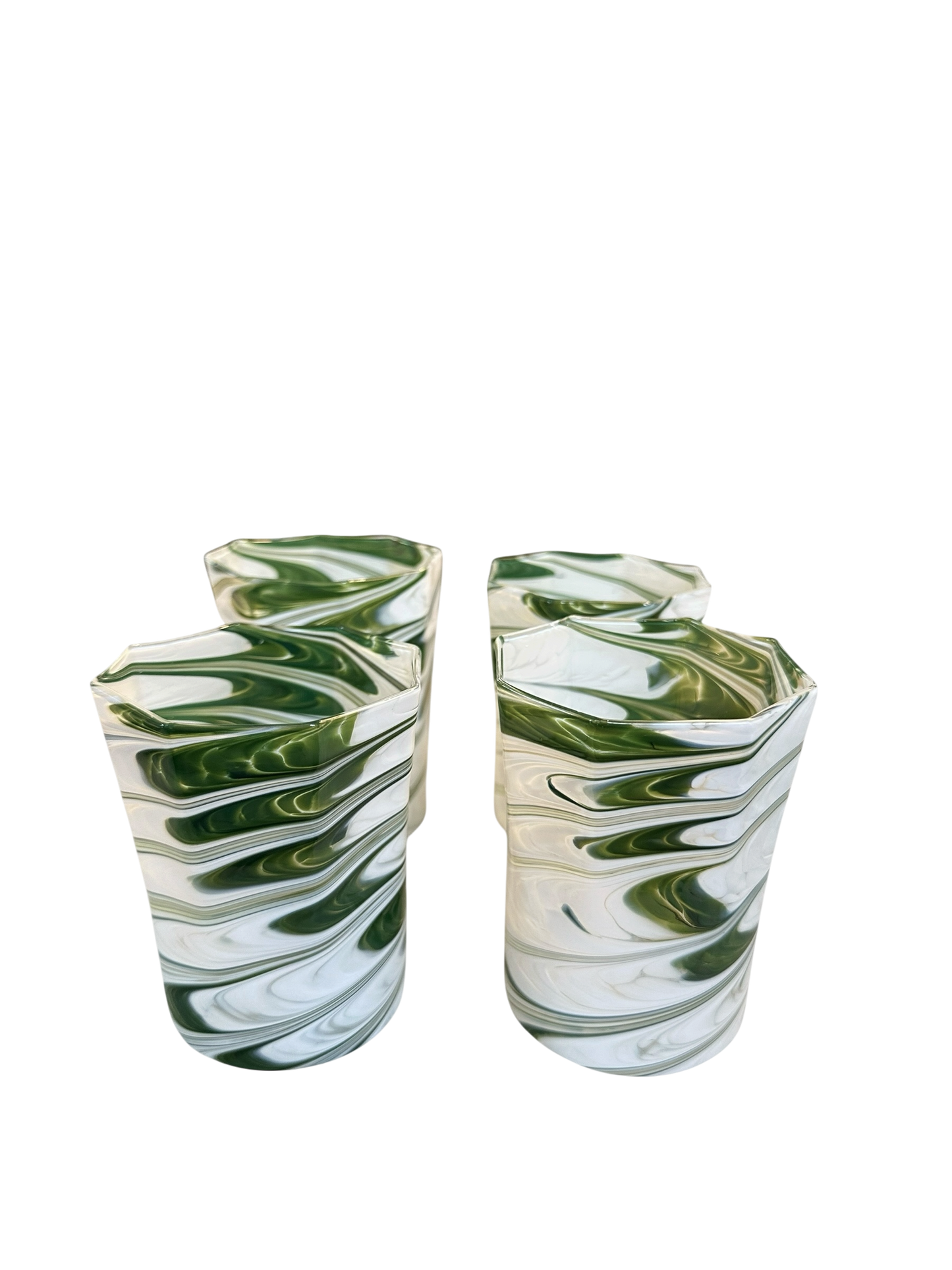 Set of 4 Short Avocado/White Marbled Octagonal Twist Glasses