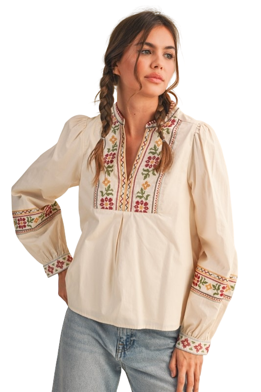 Floral Cross Stitch Puff Sleeve Top