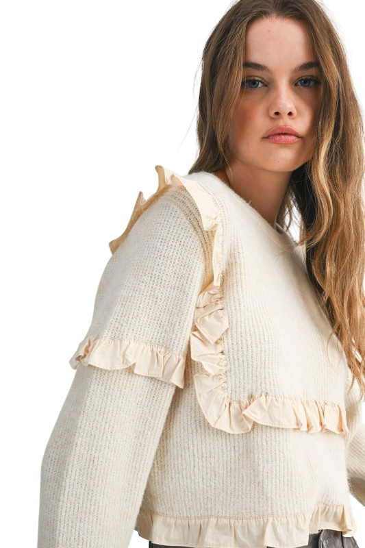Ribbed Crew Neck Ruffle Detail Sweater