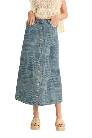 Denim Patchwork Button Down Midi Skirt