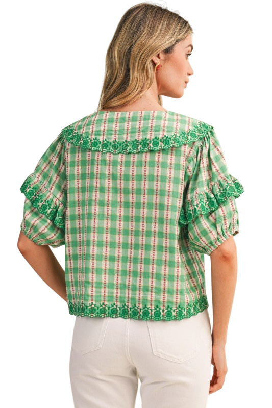 Floral Gingham Collar Top - Green
