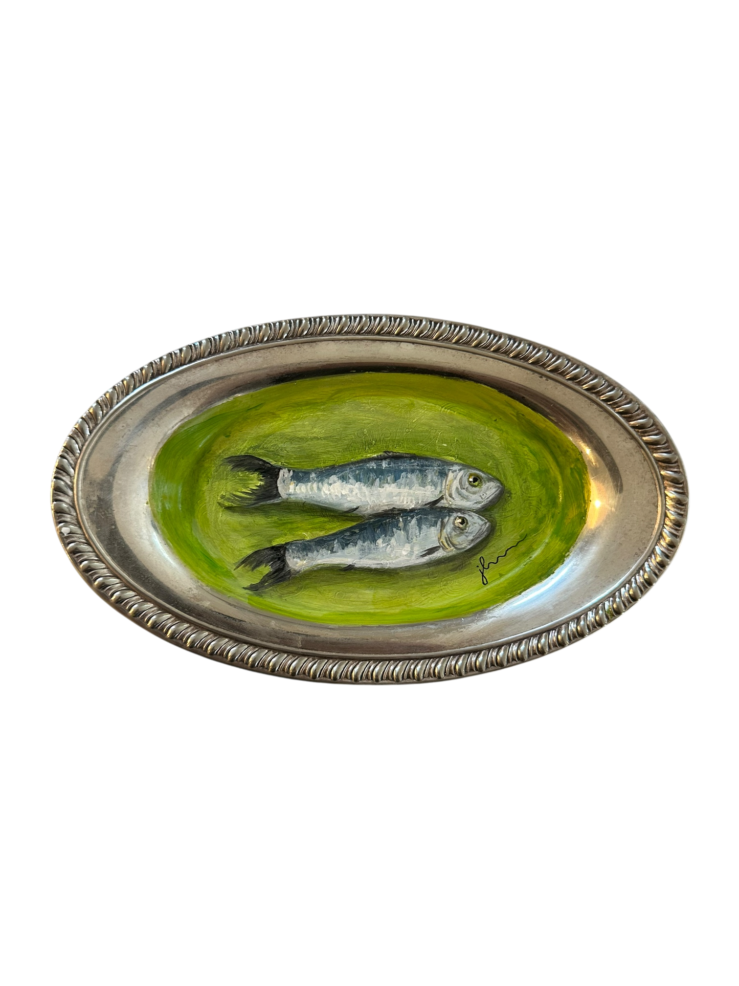 Jenn Leverett Art - Sardines on Oval Silver Tray