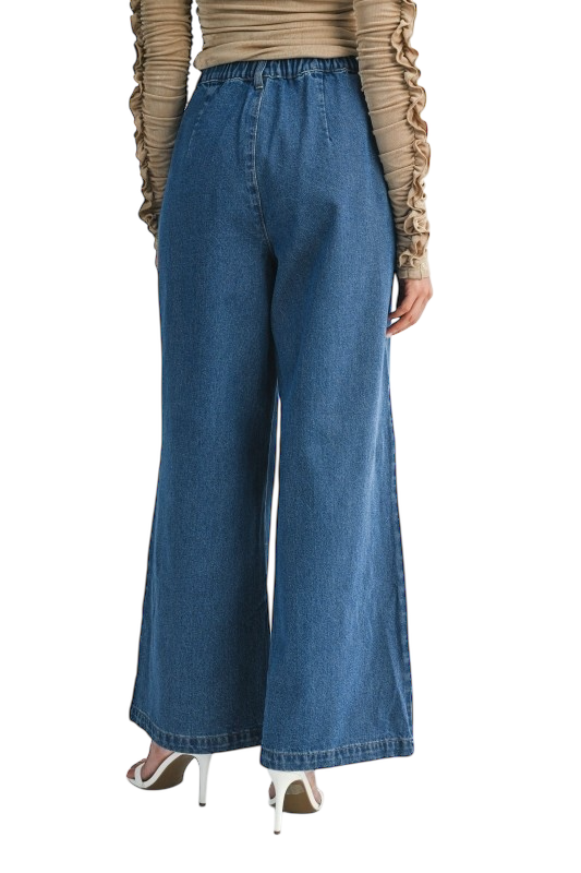 High Rise Pleated Wide Leg Denim Pants