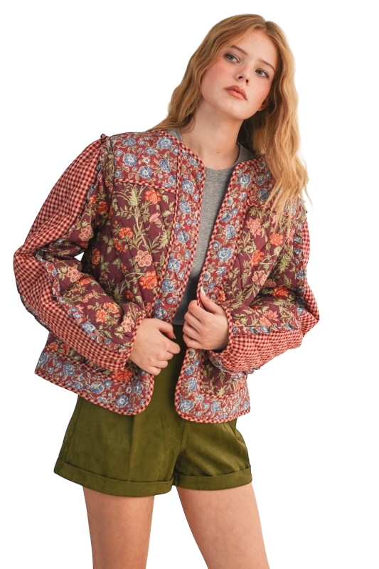 Floral Quilted Jacket With Ruffle Trim