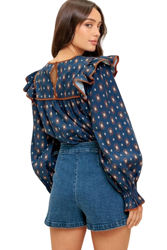 Amory Ruffle Shoulder Top in Navy & Brown