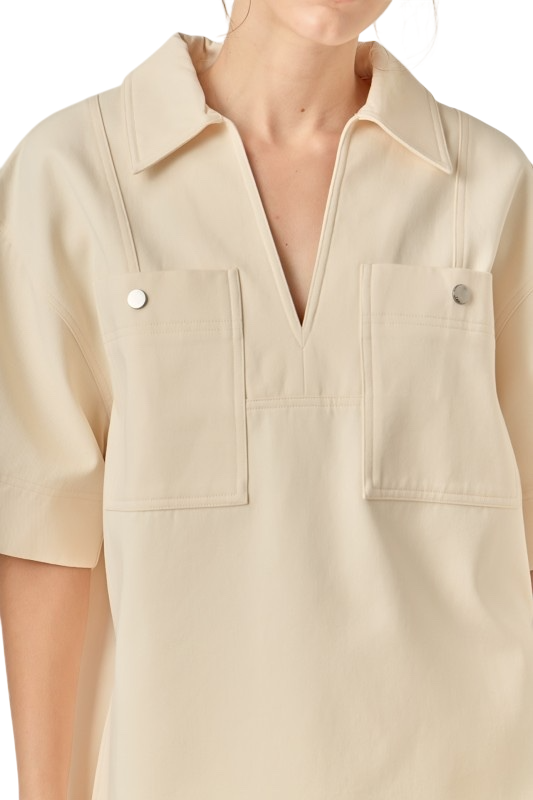Oversized Patch Pocket Collar Top