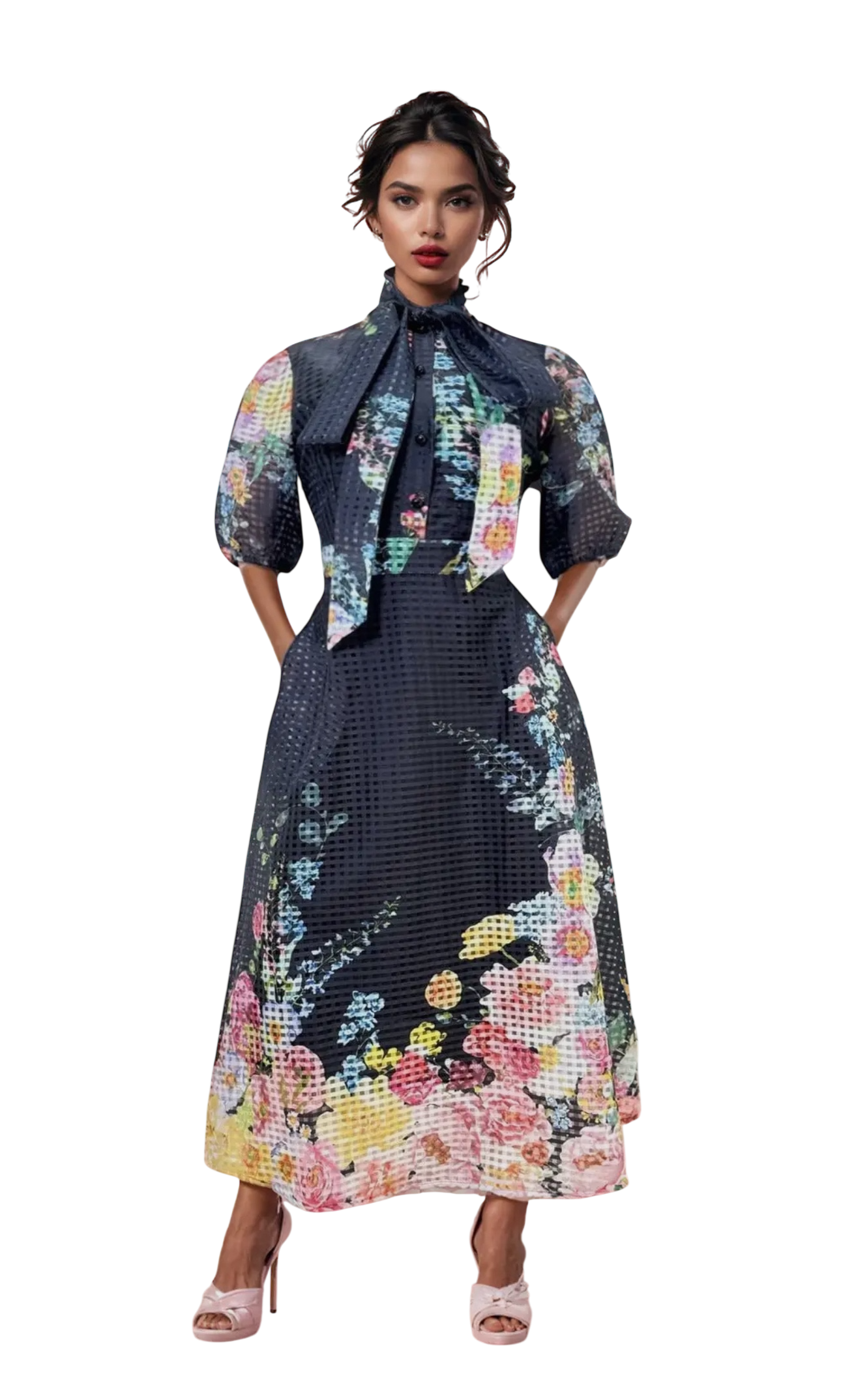 Gridded Organza Floral Necktie Dress