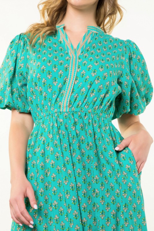 Puff Sleeve Block Print Midi