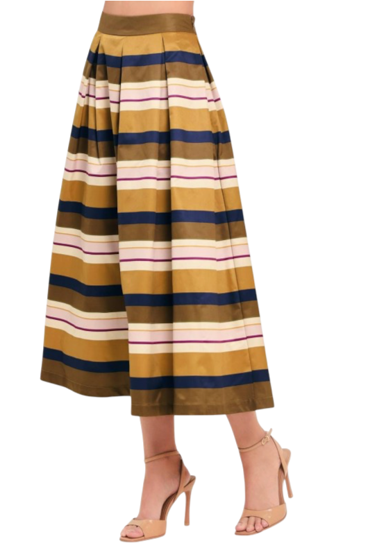 Camel & Navy Stripe Midi Skirt