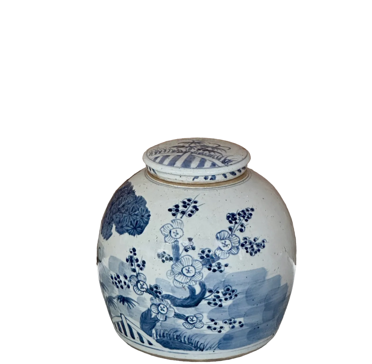 Blue & White Three Friends Med. Round Storage Jar