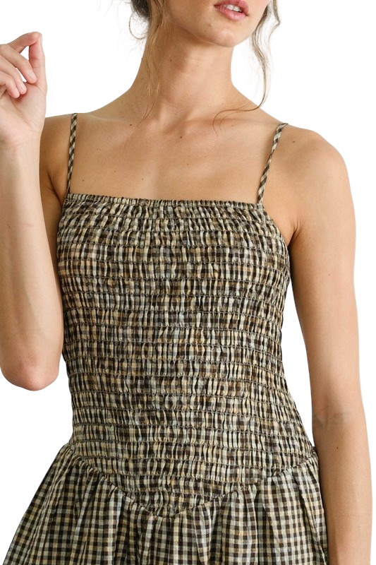 Gingham Smocked Flare Midi Dress
