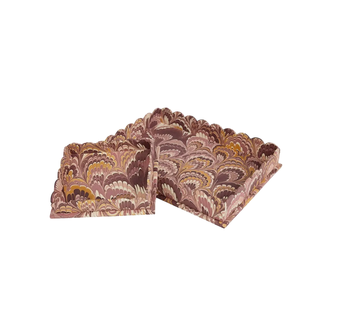 Marbled Scalloped Tray Set - Burgundy Gold Fan