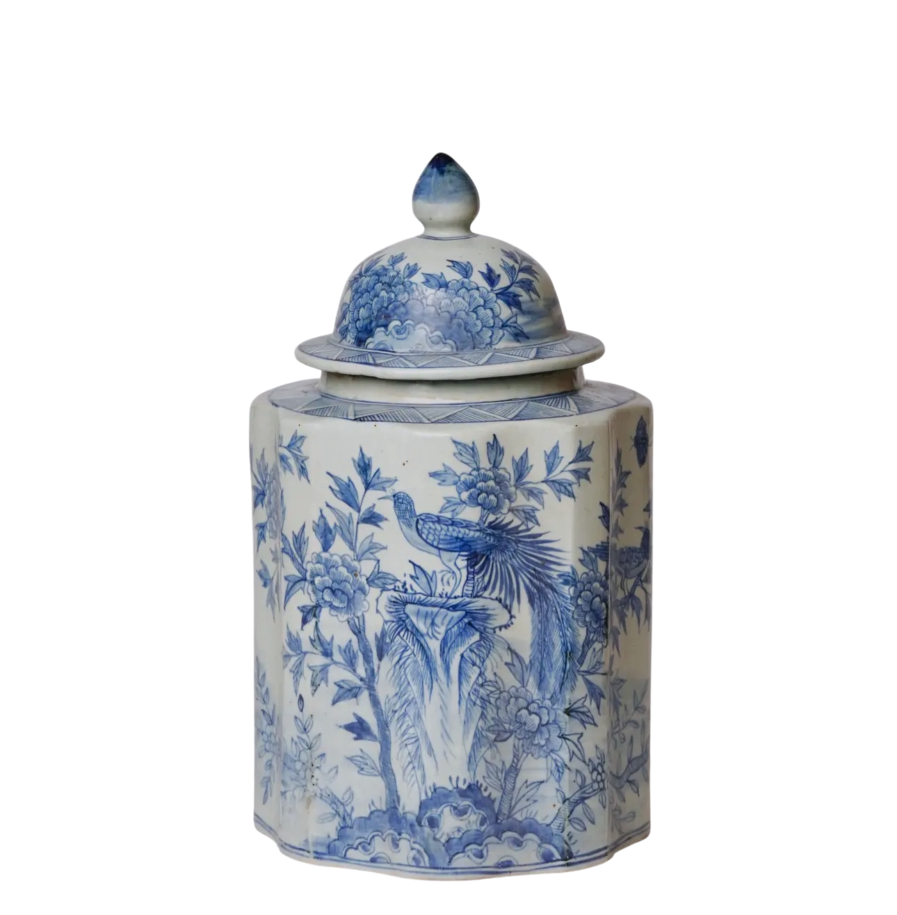 Blue & White Golden Pheasant Ribbed Lidded Jar