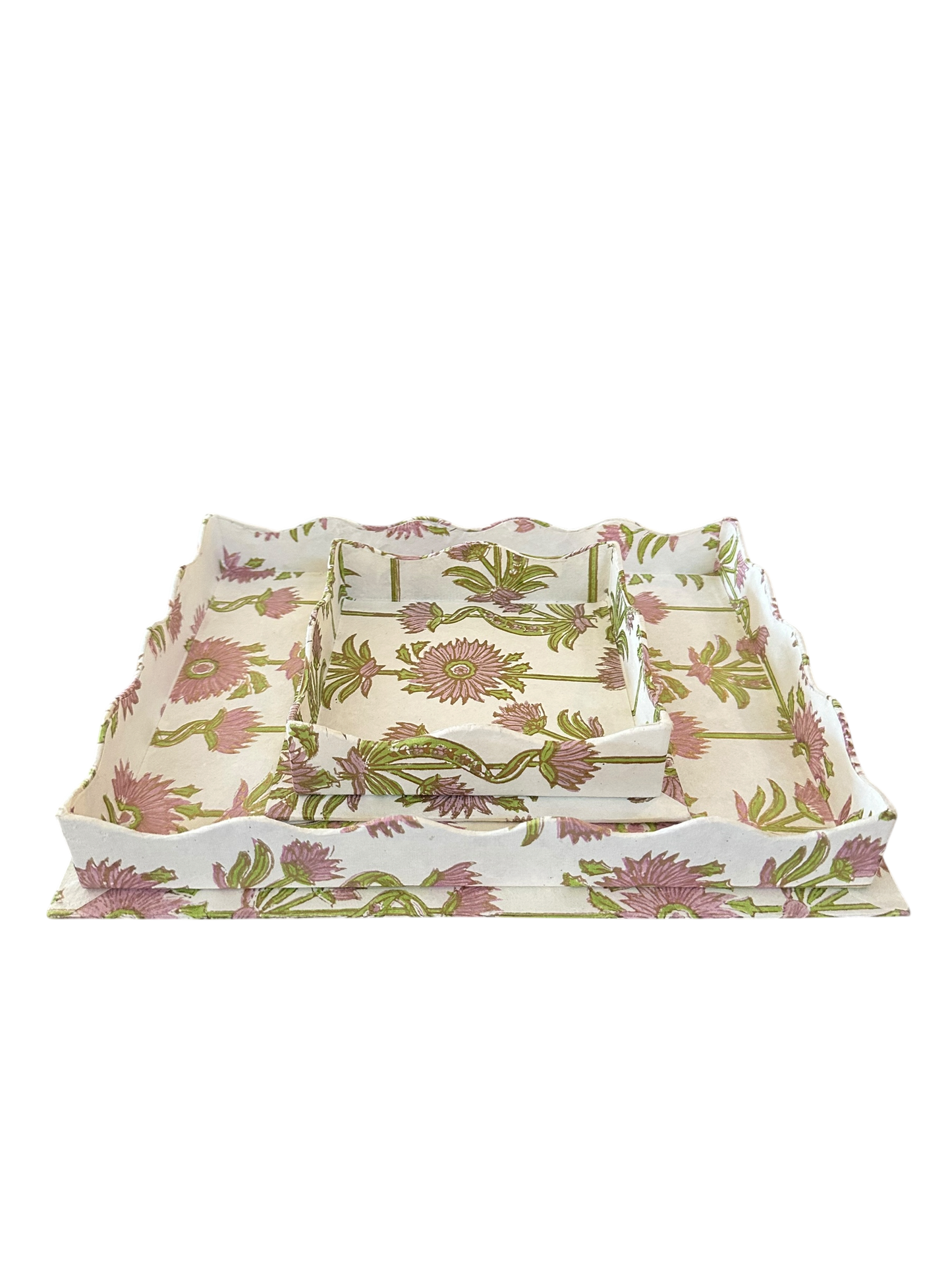 Floral Vines Scalloped Blockprint Tray Set