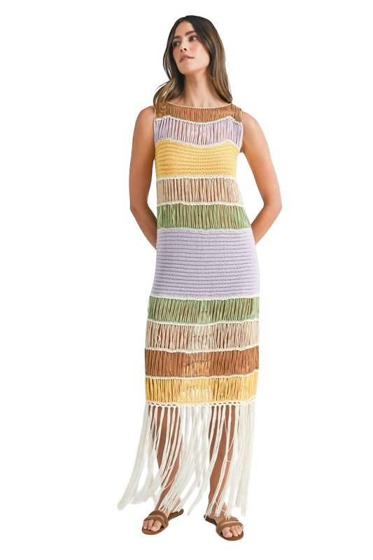 Multicolor Fringe Crochet Knit Dress