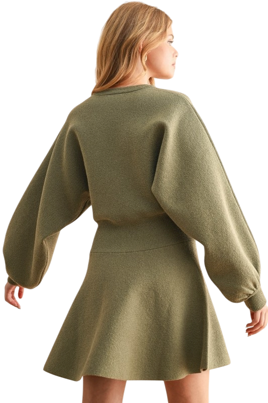 Ballon Sleeve Sweater Dress - Olive