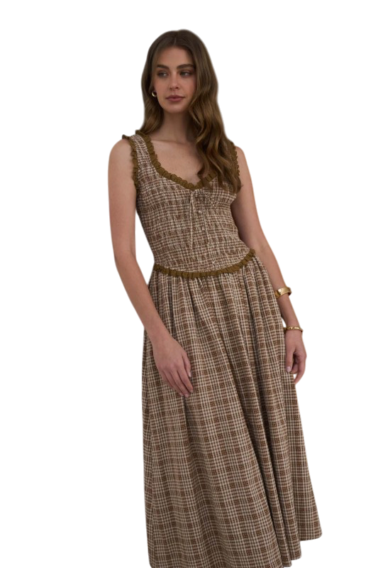 Plaid Smocked Lace Trim Midi